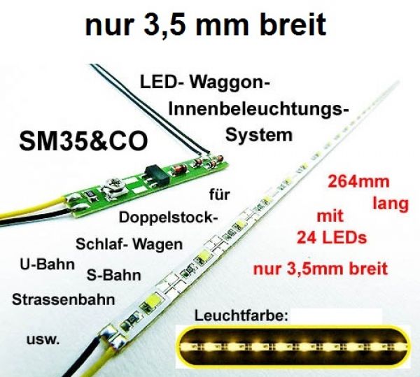 Ruhrmodell, LED Waggonbeleuchtung, SM35&CO, 3,5 x 264 mm, H0, TT, N
