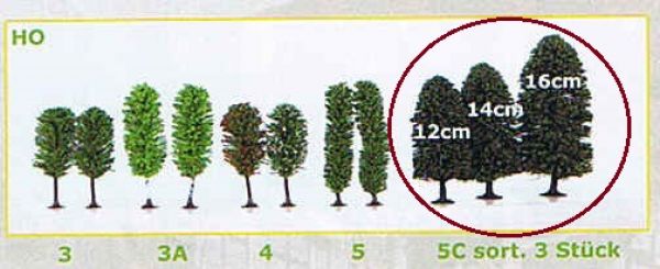 Jordan 5C, 3 Laubbäume grün sortiert mit Fuß, ca. 12/14/16 cm, Made in Germany