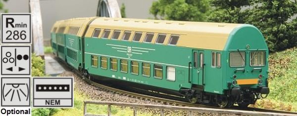 Kres 1974D, 4-teiliger Doppelstockgliederzug DGBq, mit Steuerabteil, grün, DR Epoche IV, mit integriertem Lichtdecoder und beleuchtetem Steuerabteil, Spur TT